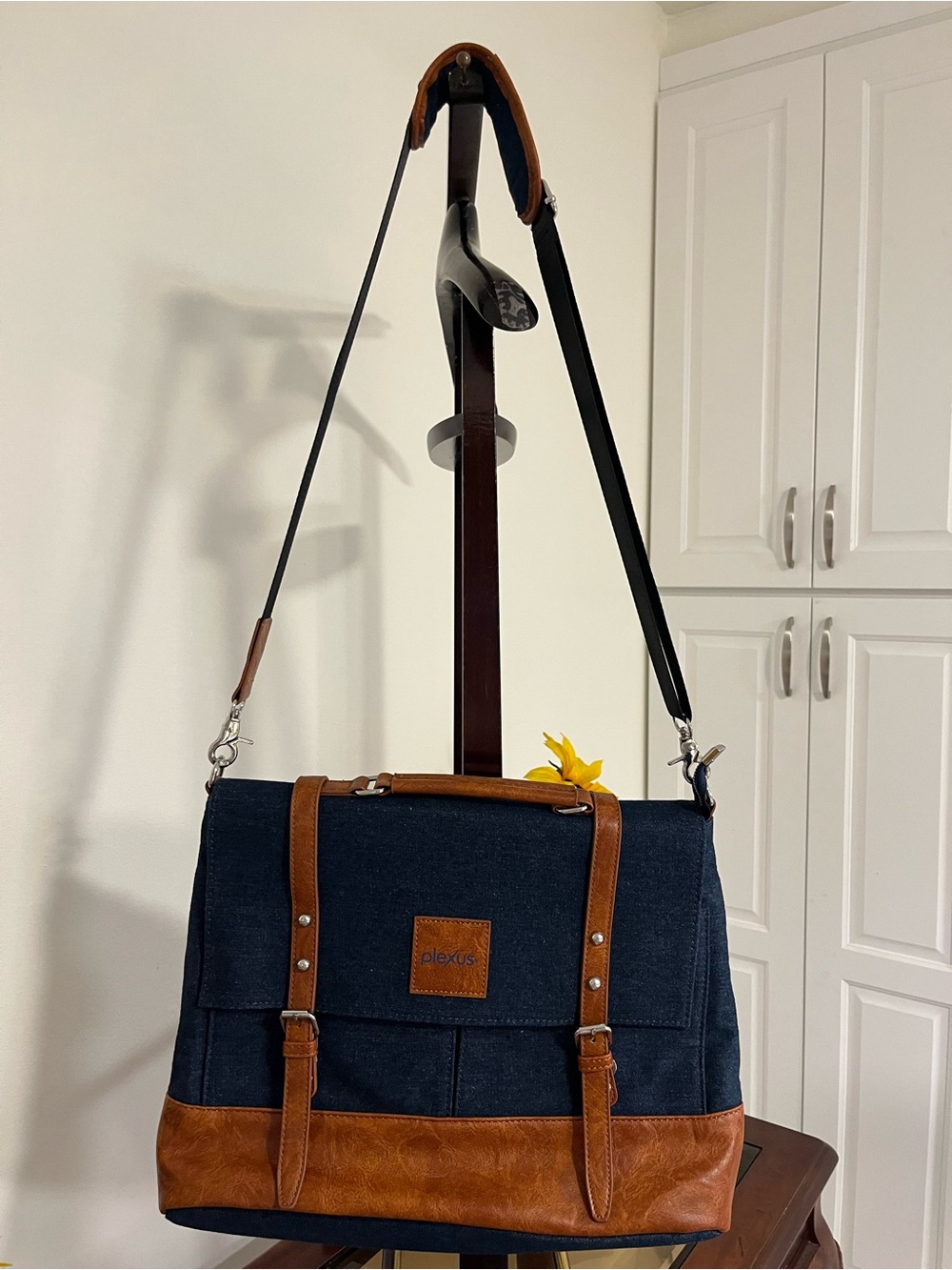 Navy Canvas Messenger Bag with Brown Leather Trim by